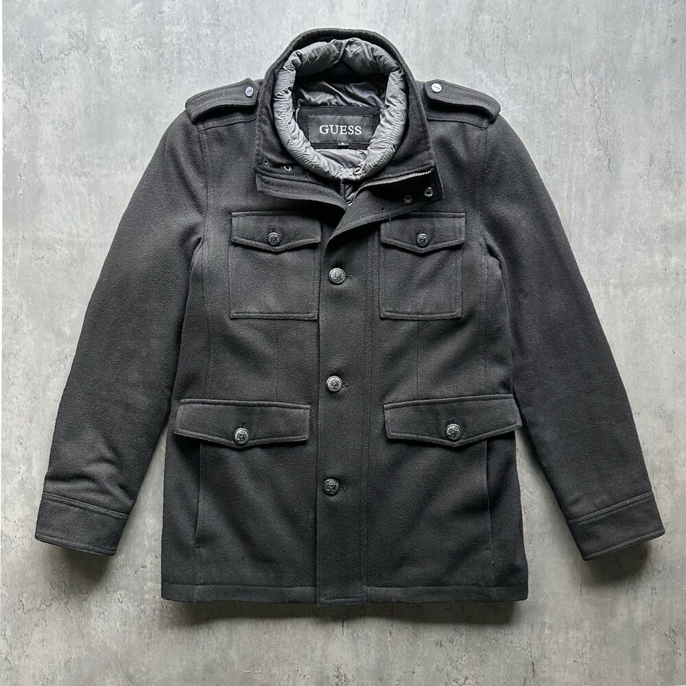 Guess Wool Military Jacket Mens Small Black Field Coat Quilted Puffer Lined